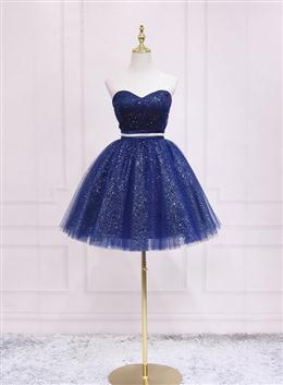 Picture of Shiny Blue Tulle Sweetheart Homecoming Dresses Party Dresses, Navy Blue Short Prom Dresses